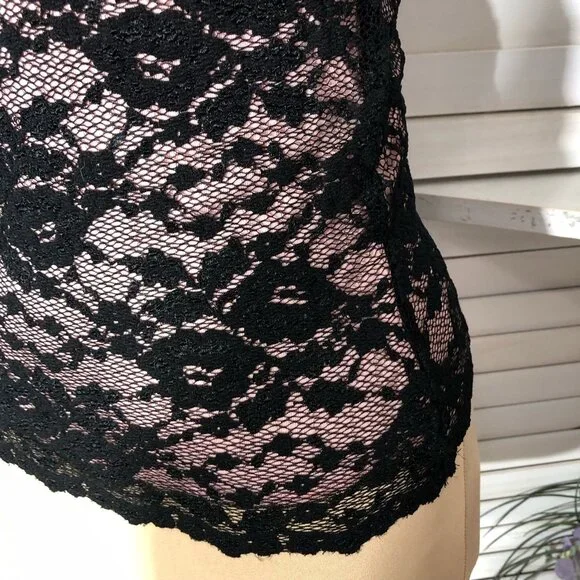 Vintage Y2K Speechless Halter Top High Neck Stretchy Sheer Lace Black Pink Sz S - Picture 9 of 13